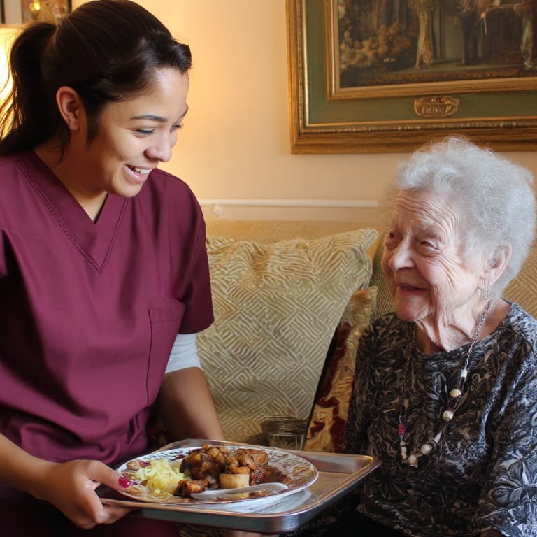 Home Care Industry Nurse Serving Client Dinner
